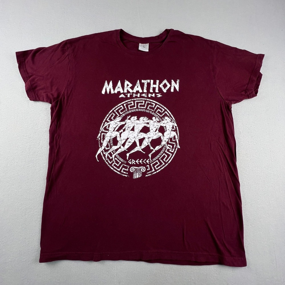 B&C Collection Marathon Athens Greece T-Shirt Mens XL Burgundy Tourist Tee Retro